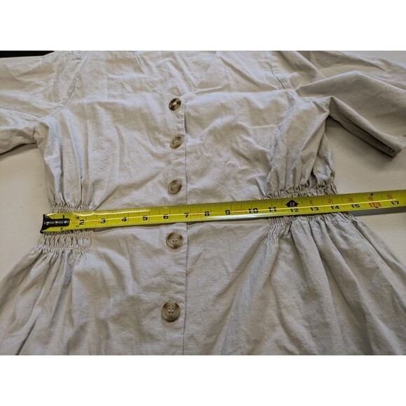 T Tahari Linen Blend Midi Dress Flutter Sleeve Khaki Button Up Shirred Waist 12 - Picture 14 of 15